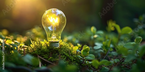 Incandescent light bulb in green forest. Energy and idea concept.