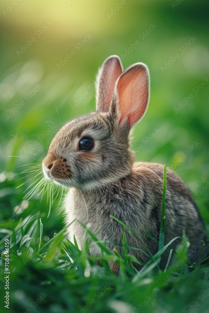 Fototapeta premium A cute small rabbit sitting in the grass. Perfect for nature-themed projects or children's illustrations