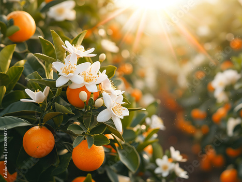 Ripe oranges and orange blossoms growing in a field of orange trees