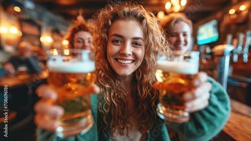 Pretty smiling young woman with long hair holding two cold beer jar showing them at camera. Irish party on St. Patrick's Day in an Irish pub. Ai Generated