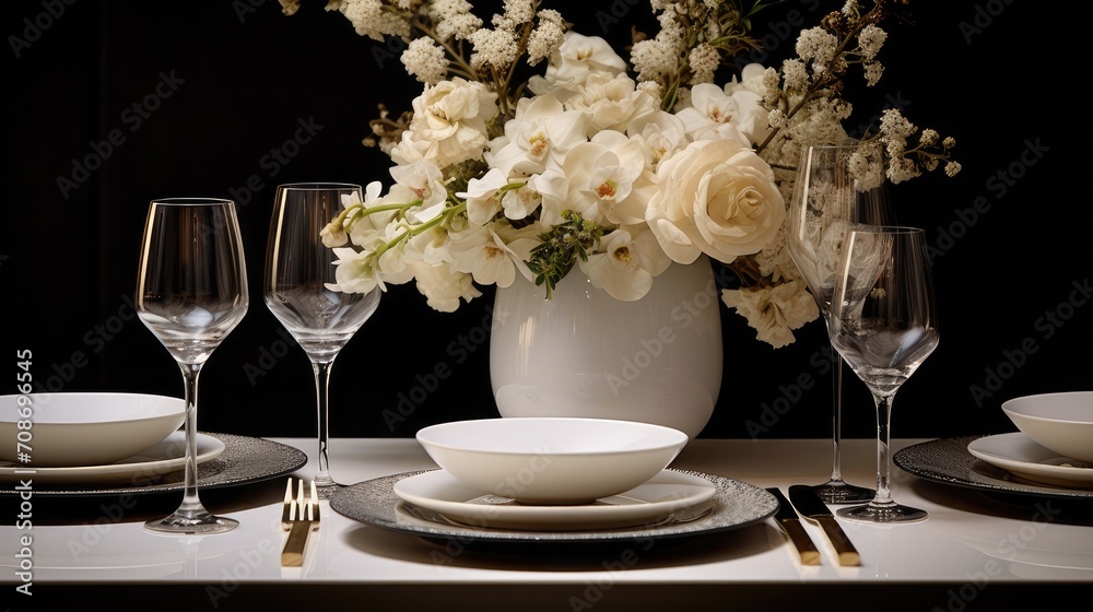 The table settings are clean and sleek, with minimalist tableware and neutral tones to create a modern backdrop to complement the simplicity of the floral bouquets The table settings are clean and sleek, with minimalist tableware and neutral tones to create a modern backdrop to complement the simplicity of the floral bouquets