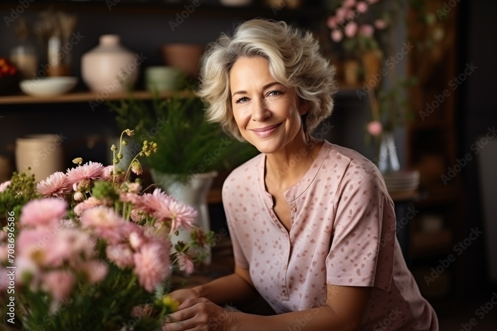 Portrait of a smiling middle-aged woman with short blonde hair standing in front of a table with pink flowers Portrait of a smiling middle-aged woman with short blonde hair standing in front of a table with pink flowers