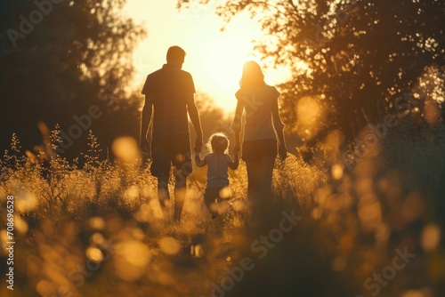 A family is seen walking through a beautiful field during sunset. This image can be used to depict family bonding, outdoor activities, or enjoying nature #708696528