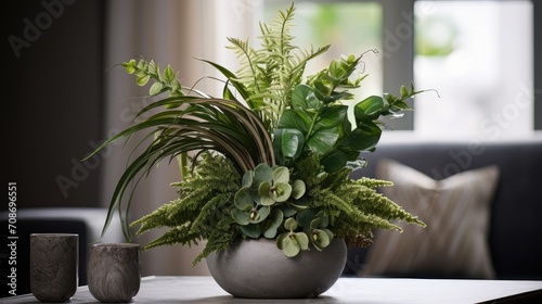 a bouquet of greenery to add texture and depth to the arrangement. Green elements are placed strategically to create a trendy and stylish look