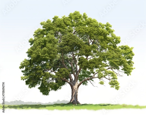 An illustration of a large green tree with a thick trunk and lush foliage against a white background