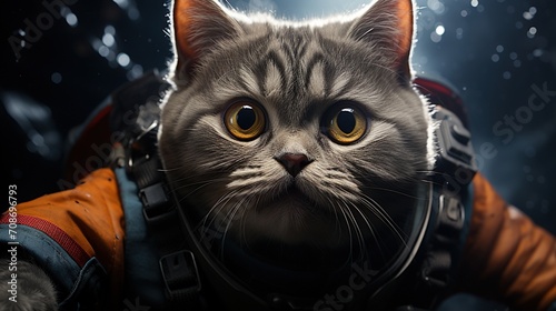 A cute cat wearing an astronaut suit is floating in space