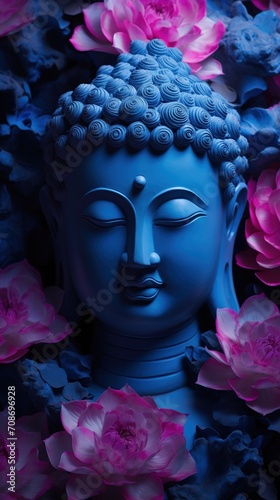 Blue Buddha statue with pink lotus flowers photo