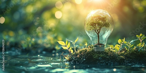 Glowing light bulb with green plant inside. Ecology and environment concept. photo