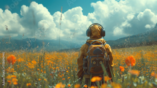Backview of a wanderer in yellow clothes with headphones standing in a spring meadow on a sunny day. Surreal. © Cornelia