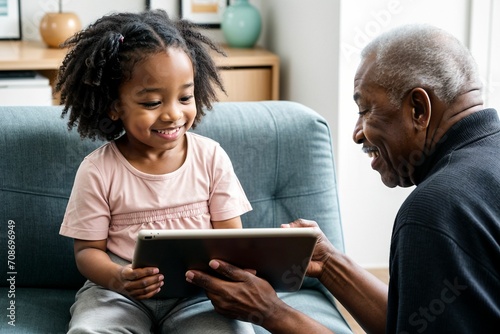 a grandparent and a child interacting using ipads as the child teaches the elderly how to use newer technology