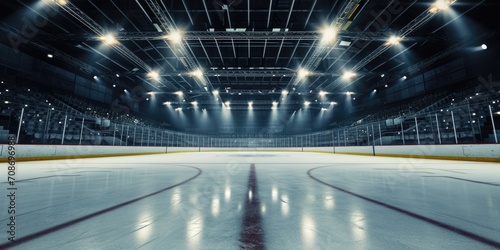 A hockey rink with lights illuminating the ice. Ideal for sports-themed designs and promotional materials
