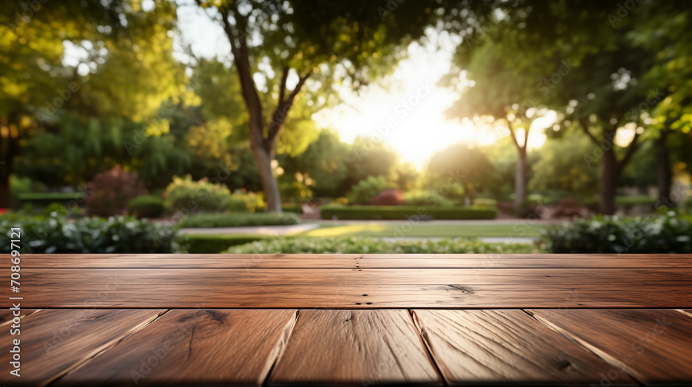 Evening sun casting warm light over a polished wooden surface with a blurred lush garden background. Evening sun casting warm light over a polished wooden surface with a blurred lush garden background.