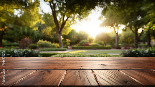 Evening sun casting warm light over a polished wooden surface with a blurred lush garden background.