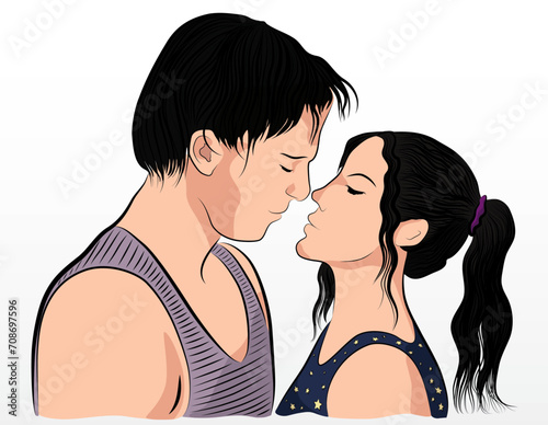 Colorful line-art drawing illustrated young couple going to kiss