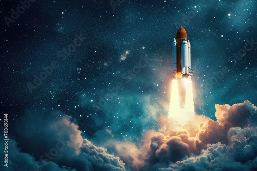 A space shuttle taking off into the sky. Perfect for illustrating space exploration and technology advancements