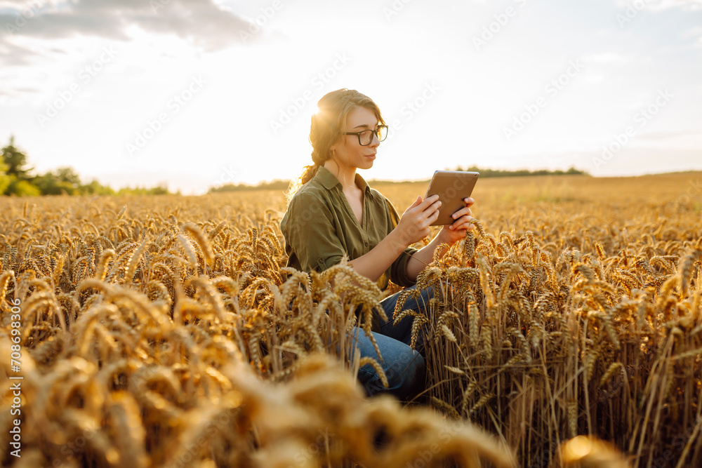 Woman agronomist in a field with a tablet checks the growth of the crop. New harvest concept. Concept ecology, outdoor nature, clean air, food. Natural production bio product. Woman agronomist in a field with a tablet checks the growth of the crop. New harvest concept. Concept ecology, outdoor nature, clean air, food. Natural production bio product.