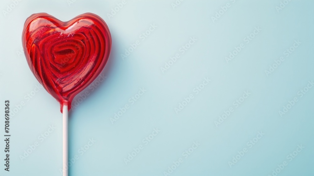 A shiny red heart-shaped lollipop against a light blue background, space for text, Valentine's day banner