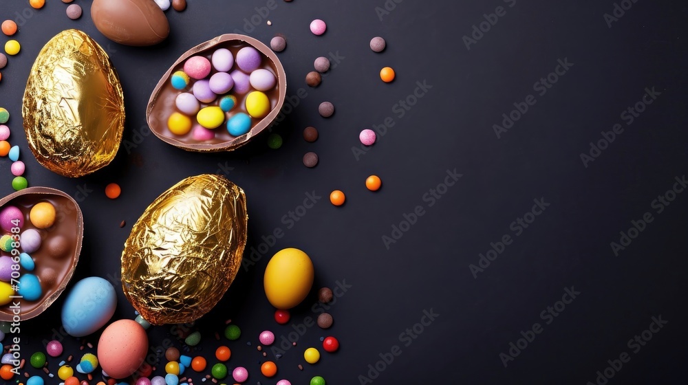 Luxury Easter feast with chocolate eggs and a golden wrapped egg, set against a dark, textured background, space for text