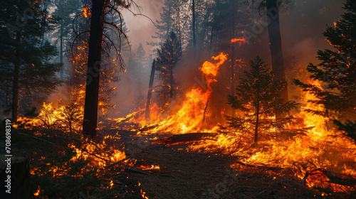 A forest fire raging with flames engulfing pine trees, creating a haze of smoke against a dark background