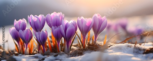 Purple crocuses piercing through snow at sunset, heralding the arrival of spring