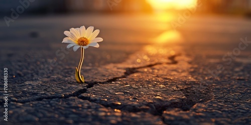 Daisy flower on the cracked asphalt road at sunset. Nature background © Petrova-Apostolova