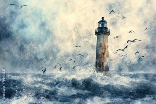 A painting of a lighthouse with seagulls flying around it. Perfect for coastal-themed designs and artwork