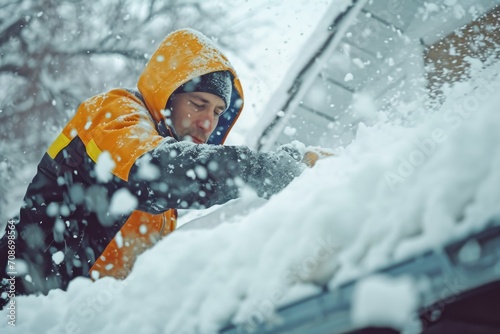 A man clearing snow from the roof of a car. Useful for winter maintenance or snow removal concepts photo