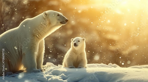Polar bear mother and cub on the snow in winter