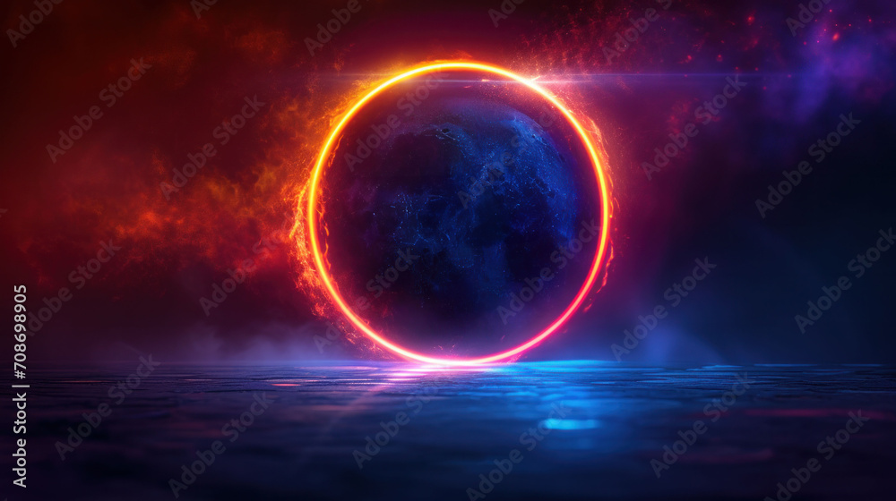 Intense eclipse with a fiery halo effect, set in a nebulous space-like environment.