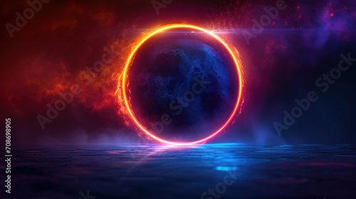 Intense eclipse with a fiery halo effect  set in a nebulous space-like environment.