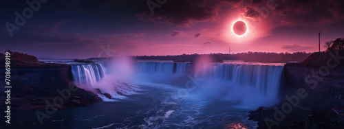 Solar eclipse creating a mystical halo over a waterfall in a surreal twilight setting.