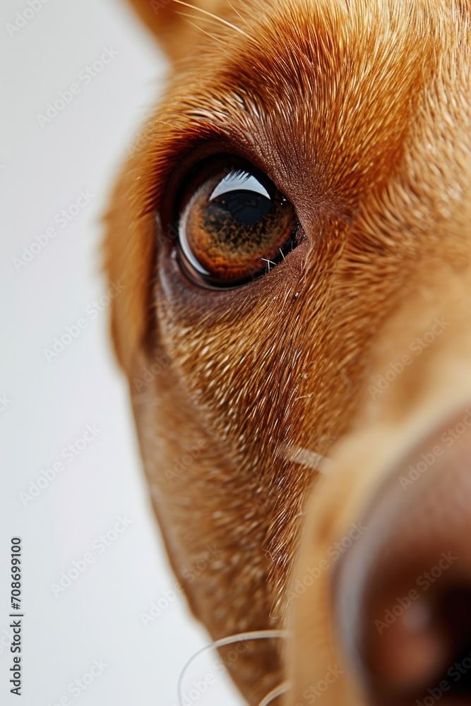 Close-up view of a dog's eye with a clean white background. Perfect for animal-related designs and projects