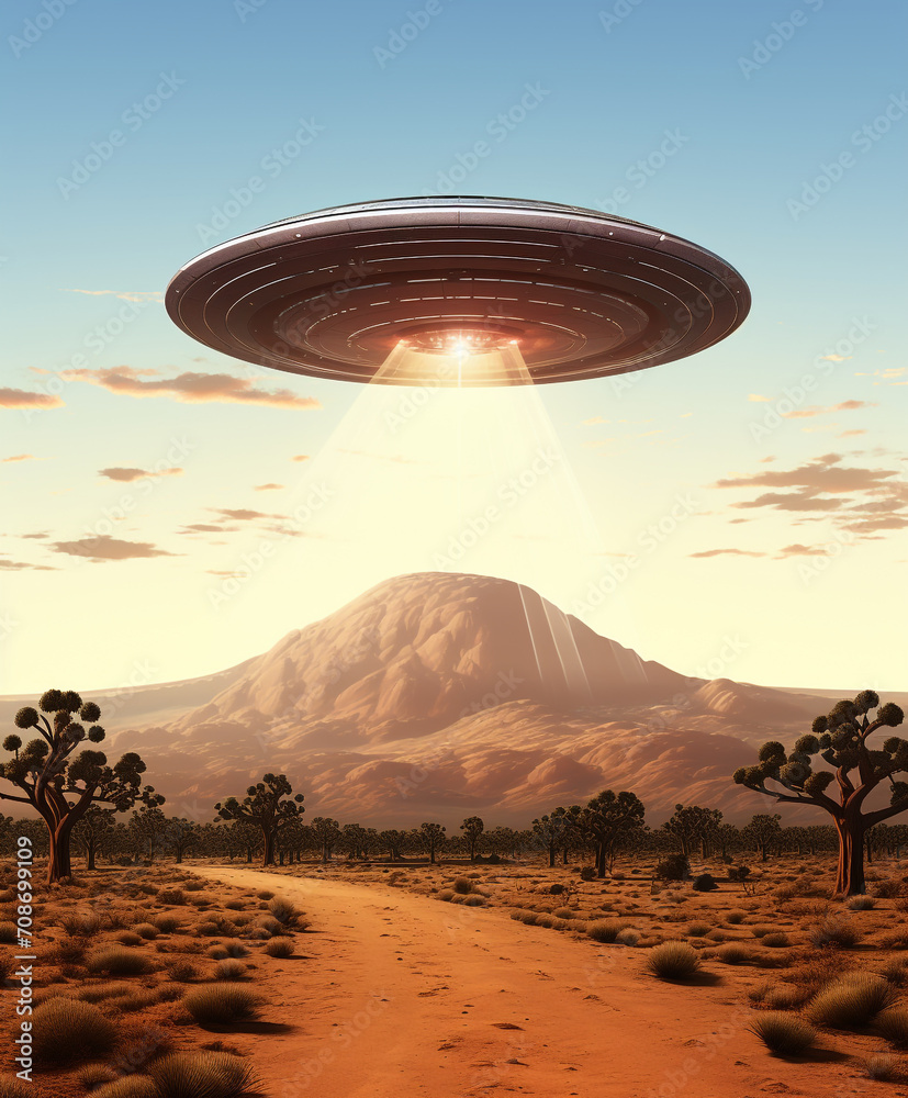 UFO Alien Ship in the Desert over a Hill at Sunset with Light Beams Coming out of it UFO Alien Ship in the Desert over a Hill at Sunset with Light Beams Coming out of it