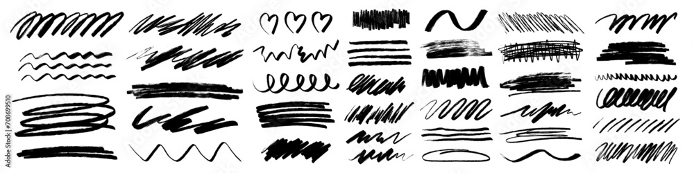 Charcoal pencil scribble stripes and bold paint shapes. Childrens crayon or marker doodle rouge handdrawn scratches. Vector illustration of squiggles in marker sketch style - obrazy, fototapety, plakaty 