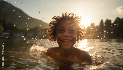 A happy black boy splashing in the lake