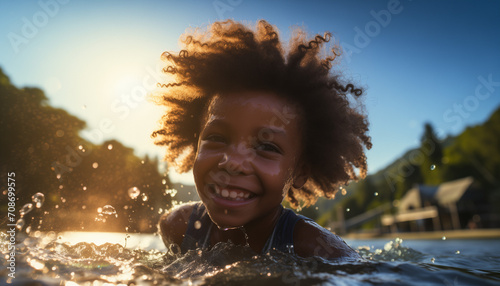 A happy black boy splashing in the lake © Maria