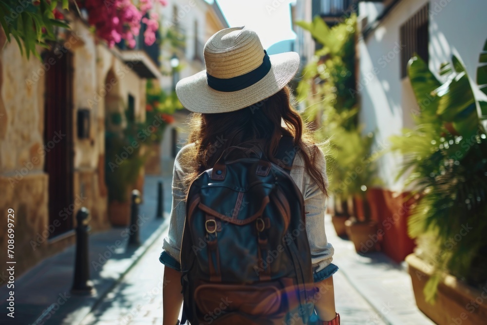 A woman wearing a hat and carrying a backpack walks down a street. This image can be used to depict urban lifestyle or travel adventures