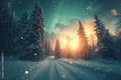 Nothern lights winter forest landscape