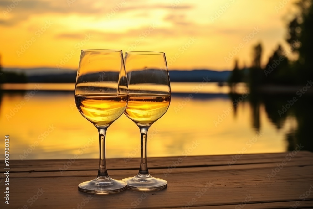 Two wine glasses on lake background. copy space