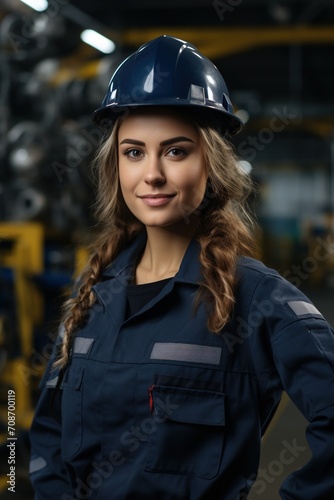 Portrait of a female industrial worker wearing a hard hat and safety gear