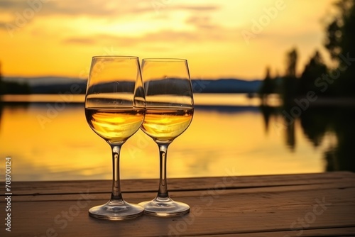 Two wine glasses on lake background. copy space