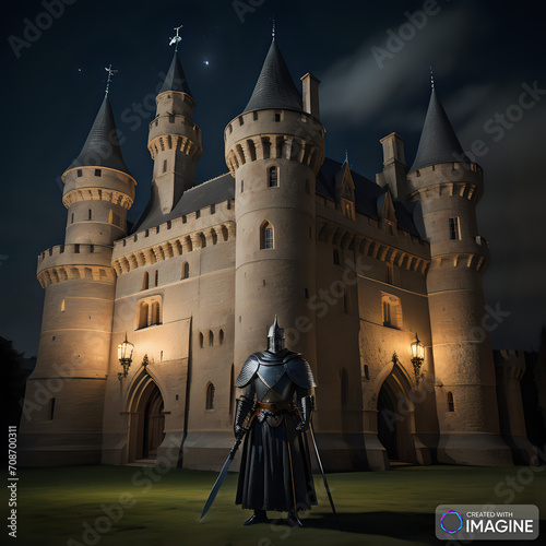 Knight standing in front of a big medieval castle.