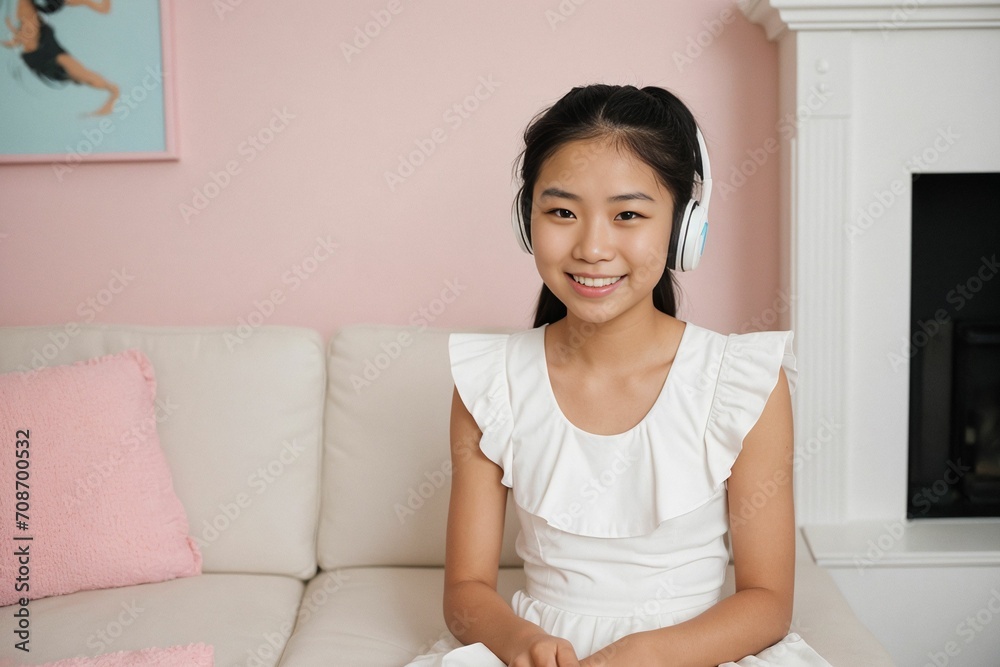 A smiling teenage girl, wearing headphones, engages in online learning, showcasing the concept of studying in a virtual classroom while participating in an online class through webcam A smiling teenage girl, wearing headphones, engages in online learning, showcasing the concept of studying in a virtual classroom while participating in an online class through webcam