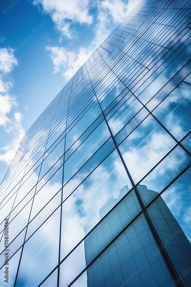 Blue glass skyscraper reflecting the sky