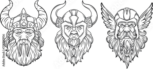Head viking wearing of horned helmet, hand drawn with contour lines, great set collection clip art Silhouette , Black vector illustration on white background.