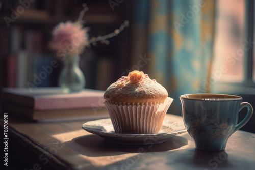 Cupcake and coffee. Pastel colors.