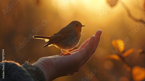 Tiny bird rests on a persons hand in the sunset © BrandwayArt