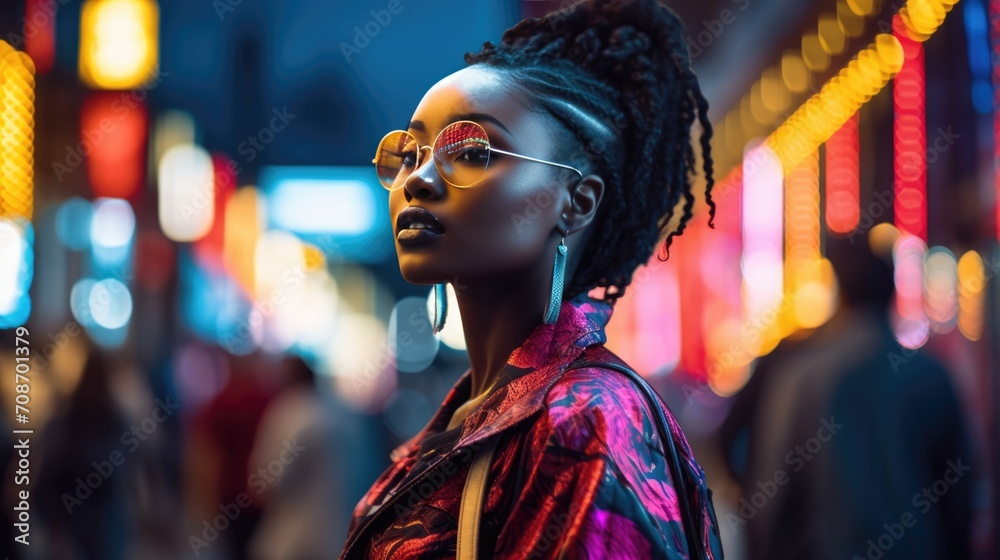 African American woman female with afro hair on city street background. Outdoor urban portrait of beautiful African woman..