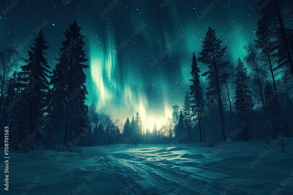 Nothern lights winter forest landscape