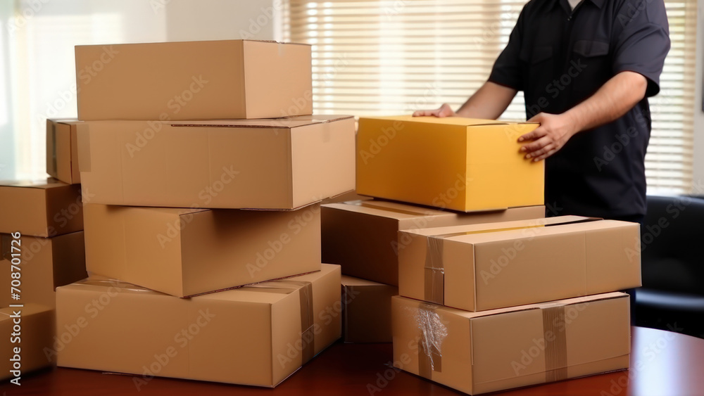 Delivery serviceman while working in a postal service warehouse. Cardboard boxes with parcels from online stores at the post office.